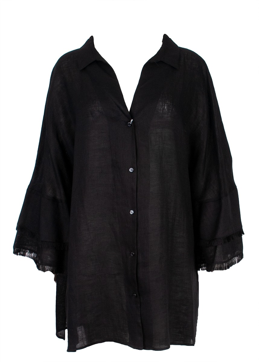 Black Linen Fringed Cuff Shirt