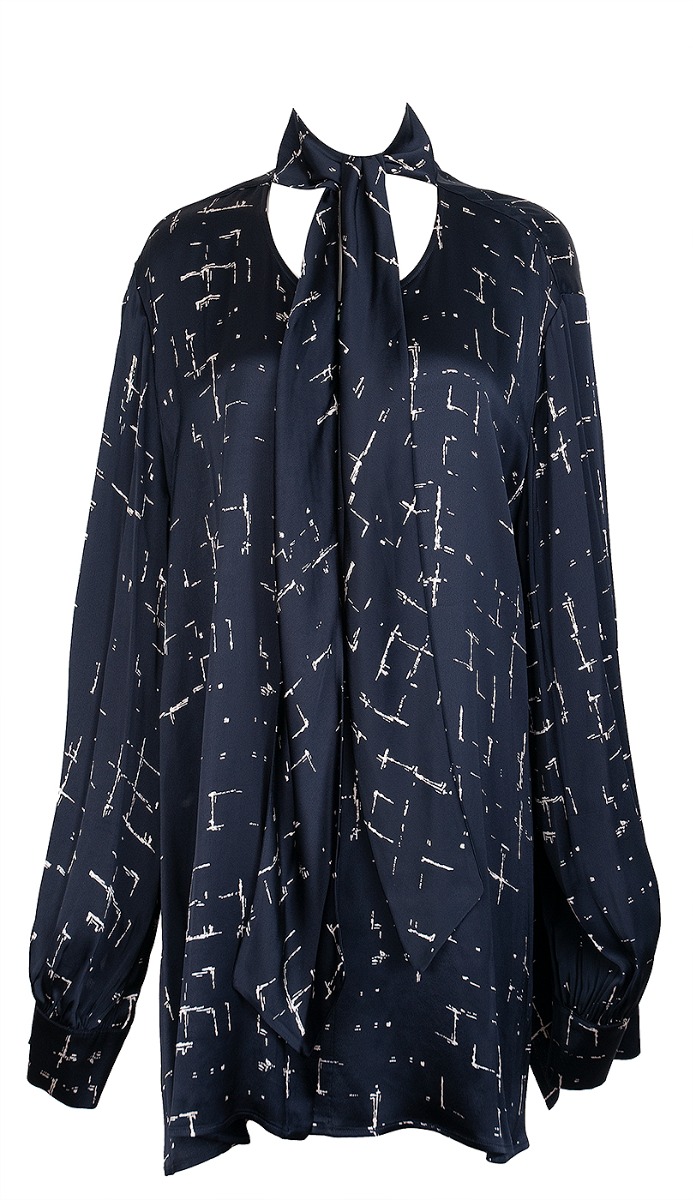 Black Printed Self-tie Blouse	